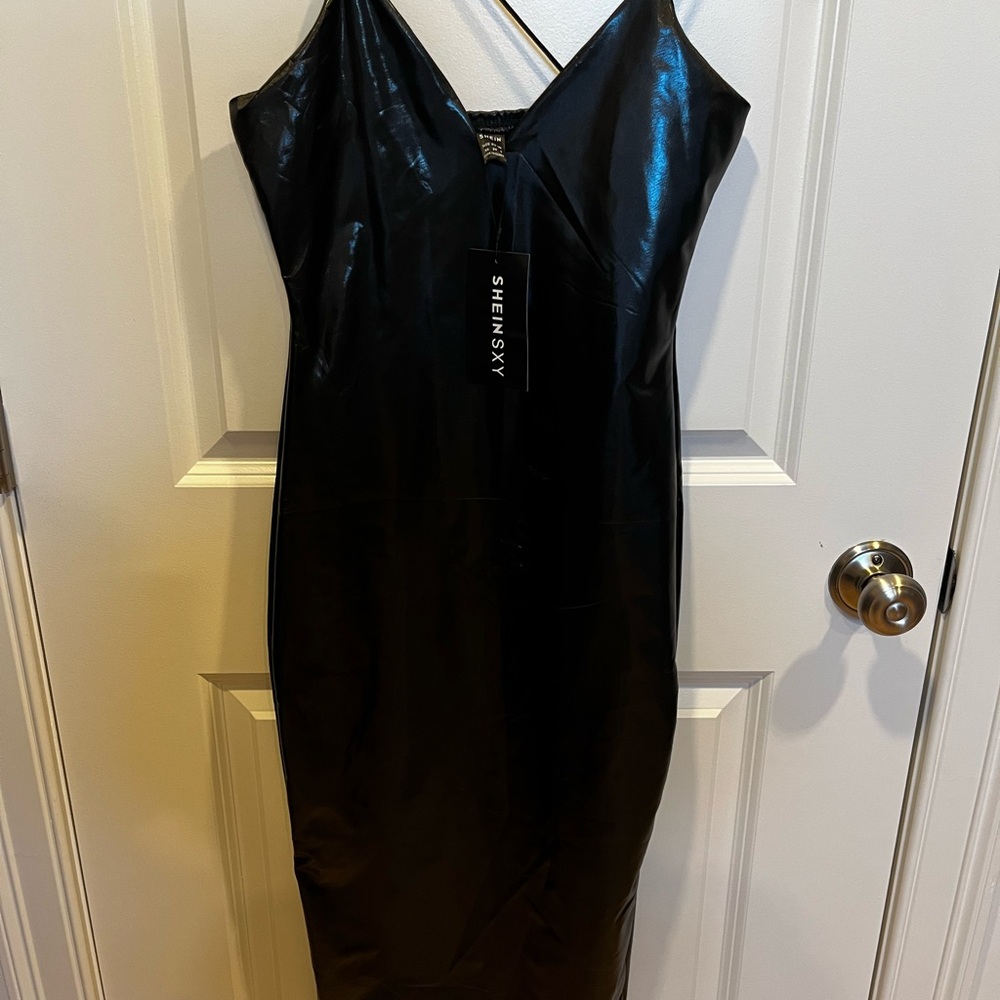 SHEIN Strap detail backless P U leather bodycon dress